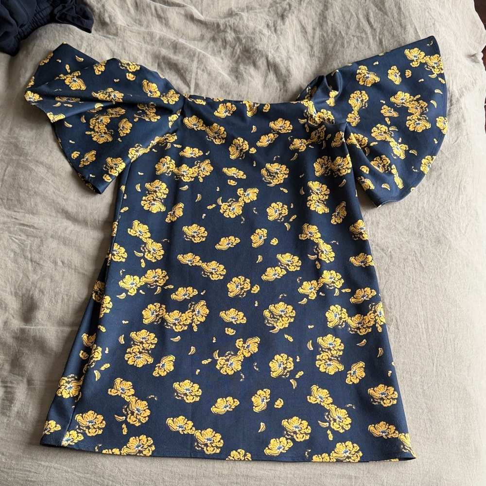 Navy Off-Shoulder Floral Top with Flutter Sleeves